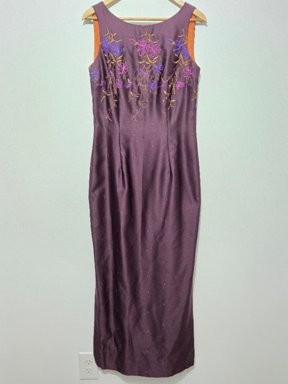 Vintage Y2K 90s Purple Floral Embroidered Satin Hoco Prom Dress Sz 10 Sleeveless